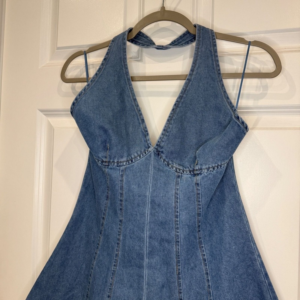 Altar'd State Light Wash Denim Halter Mini Dress Size Small - Picture 3 of 7
